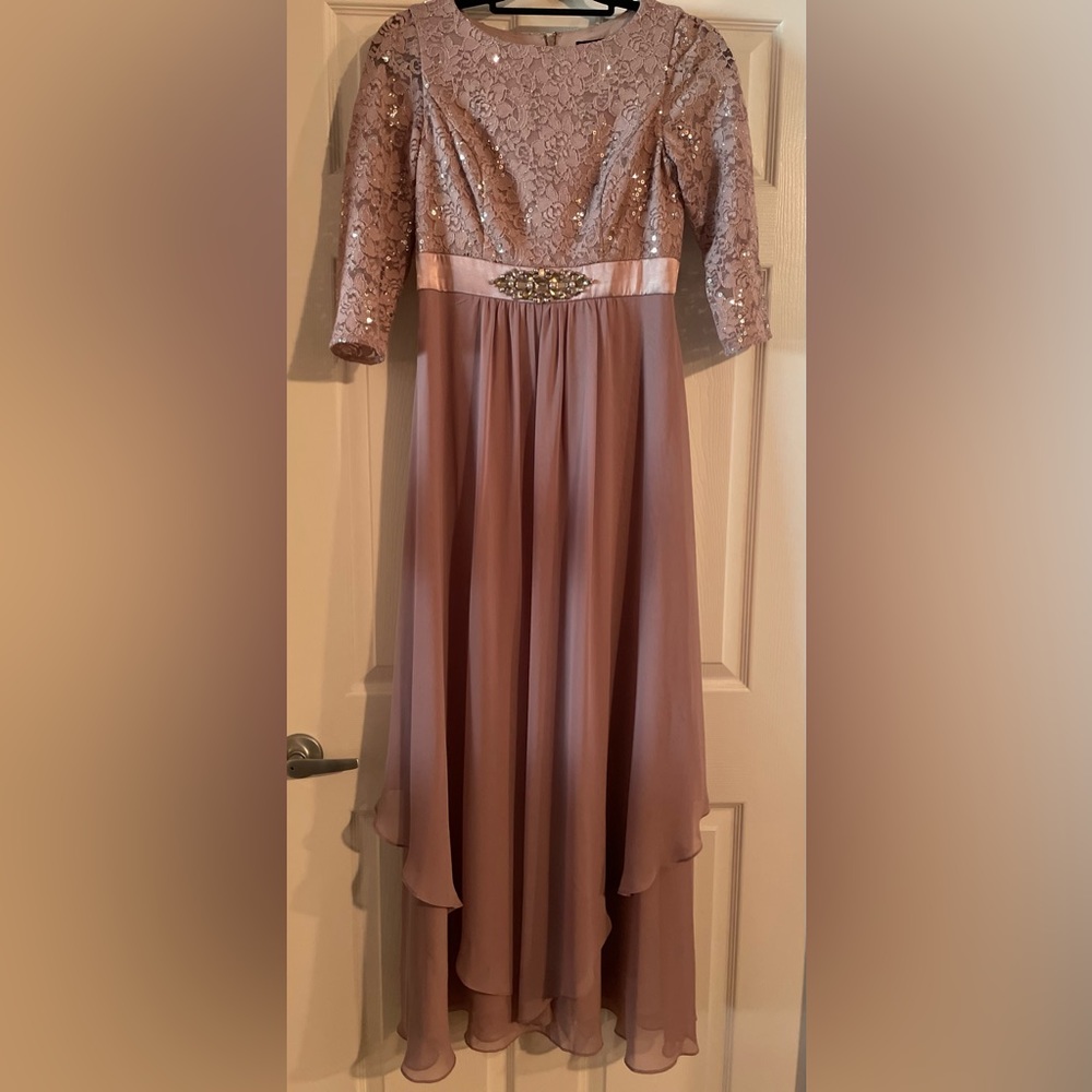 Empire Waist Formal Gown-Rose/Silver, Lace/Chiffon w/Sequins/Rhinestone Accents